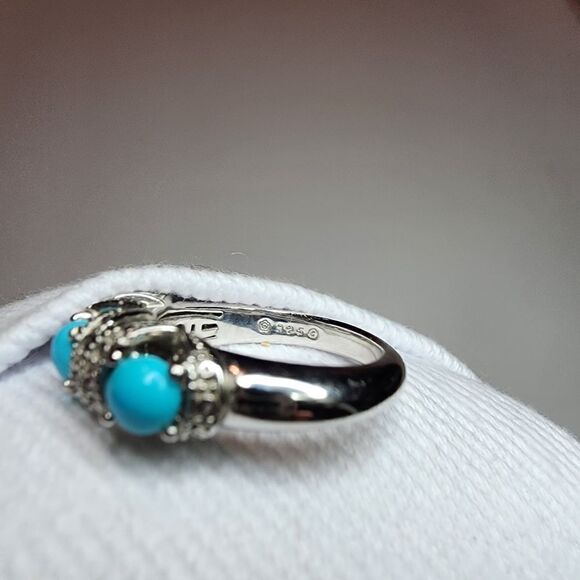Gemstone Diamond Cut Three Stone Ring Sterling Silver Turquoise Size 5 - Picture 10 of 11